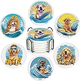 Coaster for Drinks Set of 6, Cute Dog Surfing Absorbing Round Ceramic Stone Coaster with Cork Base,Tabletop Protection Mat for Mugs and Cups,Coffee Table Wine Glass Home Bar 4 Inch