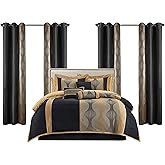LANCO MODERN LIFESTYLE King Comforter Set, Black Gold, 15 Pieces Room in a Bag, Ultra Soft Jacquard with Patchwork, Luxury Bed Set with Sheets, Curtains, Bed Skirt, Pillow Shams, Cases and Pillows