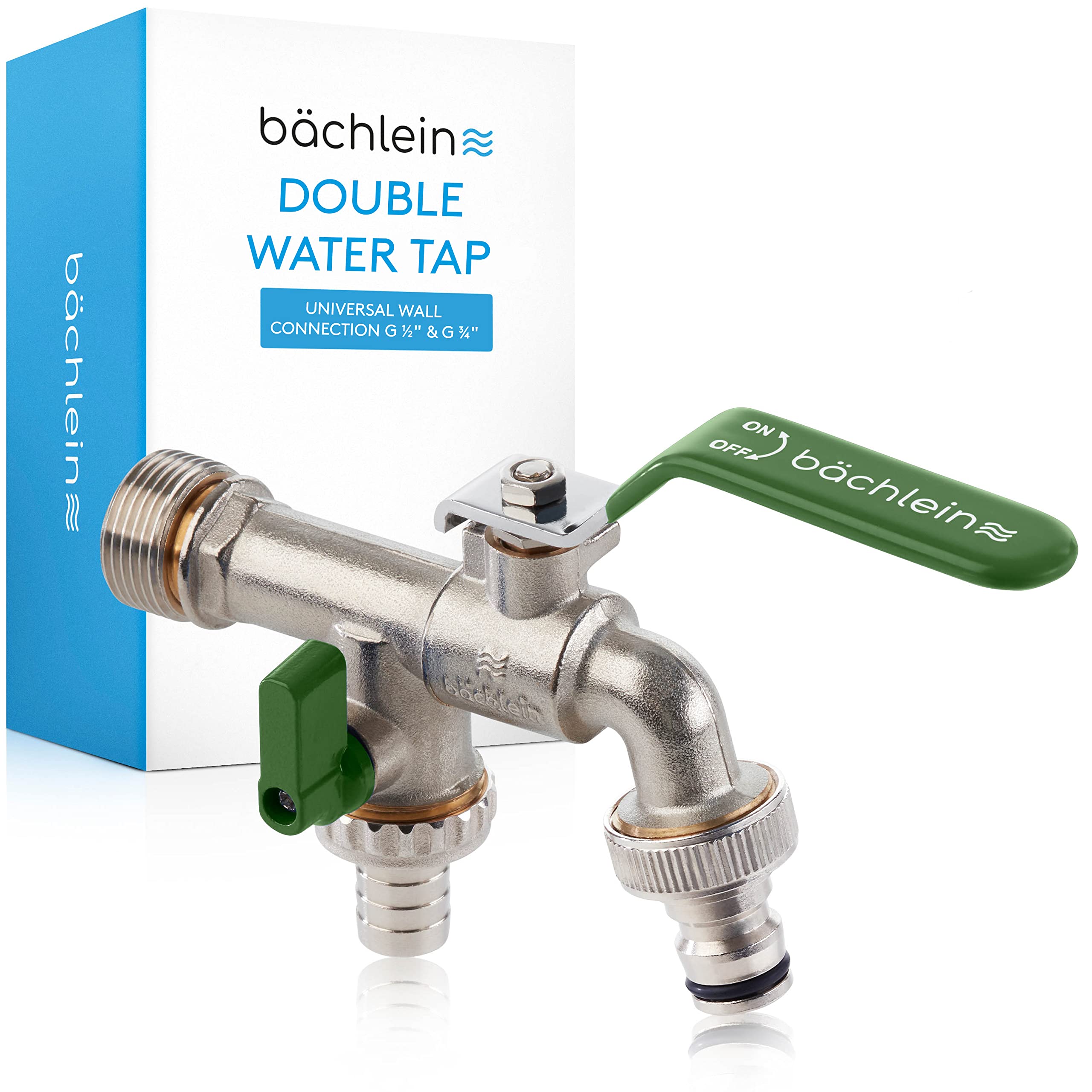 Bächlein Universal Double Outlet Tap for The Garden [Green] incl. 2 Hose Connections - Noble Double Water Tap with 1/2 and 3/4 Inch Connection, Double Ball Outlet Valve