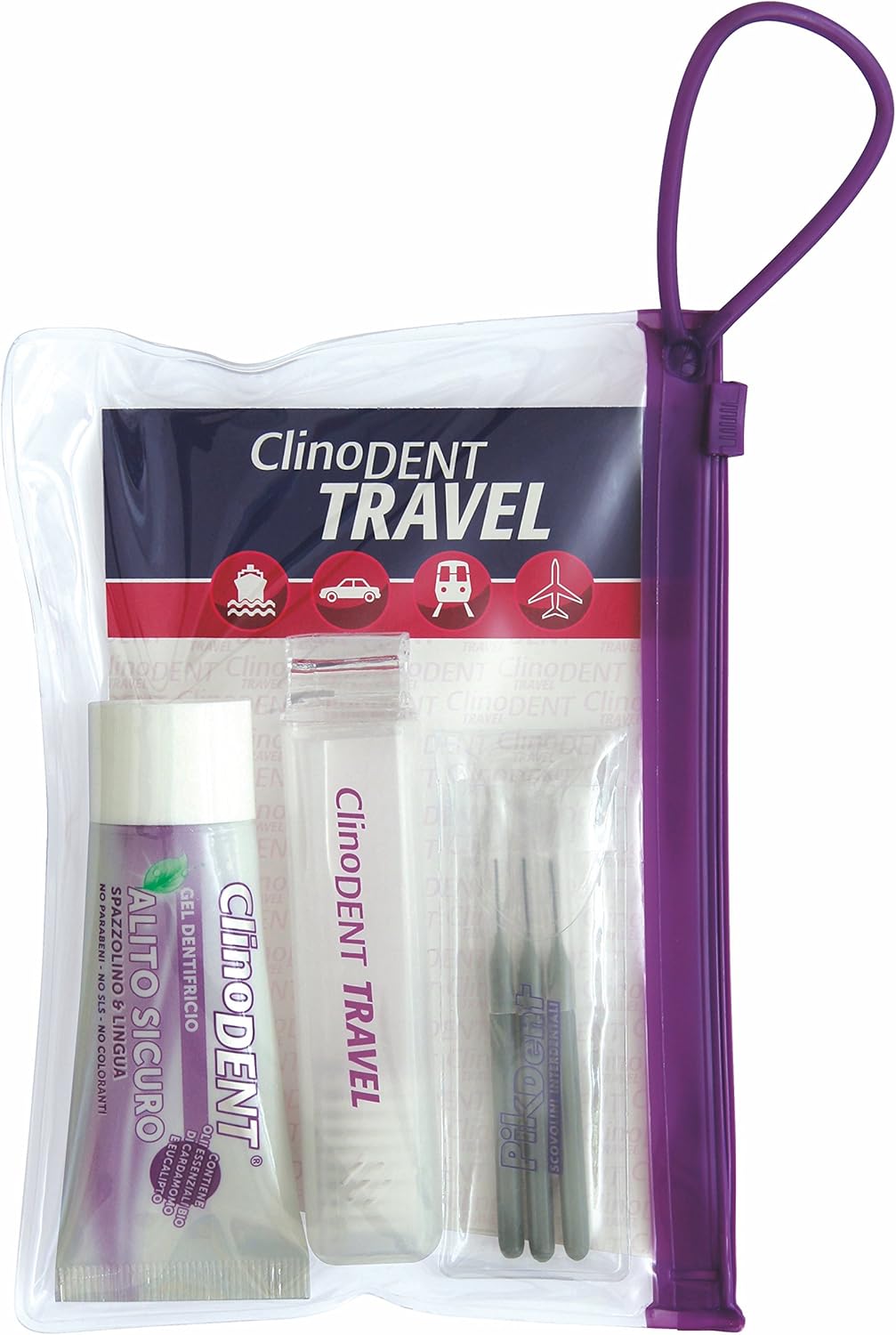Clinodent Travel - Kit de higiene bucal de bolsillo: bolsa, cepillo plegable, gel dentífrico aliento seguro sin necesidad de enjuague, horquillas interdentales
