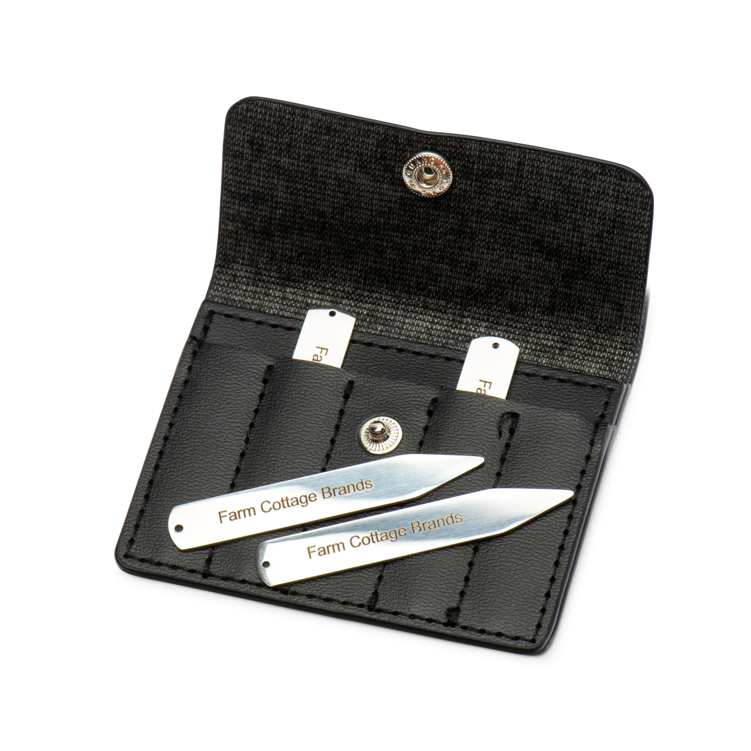 Farm Cottage Brands Four Stainless Steel Shirt Collar Stiffeners/Collar Stays in a Black Leather Wallet