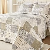 Cmfshape Summer Floral Queen Quilt Set,Grey Patchwork Quilts Queen,Reversible Quilted Bedspread with 2 Shams, Vintage Farmhouse Coverlet(Grey, Queen90 x90)