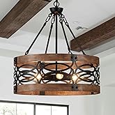 Faibra 6-Light Farmhouse Drum Wood Pendant Light,19.7'' Vintage Rustic Brown Oak Wood Chandeliers,Retro Industrial Hanging Li