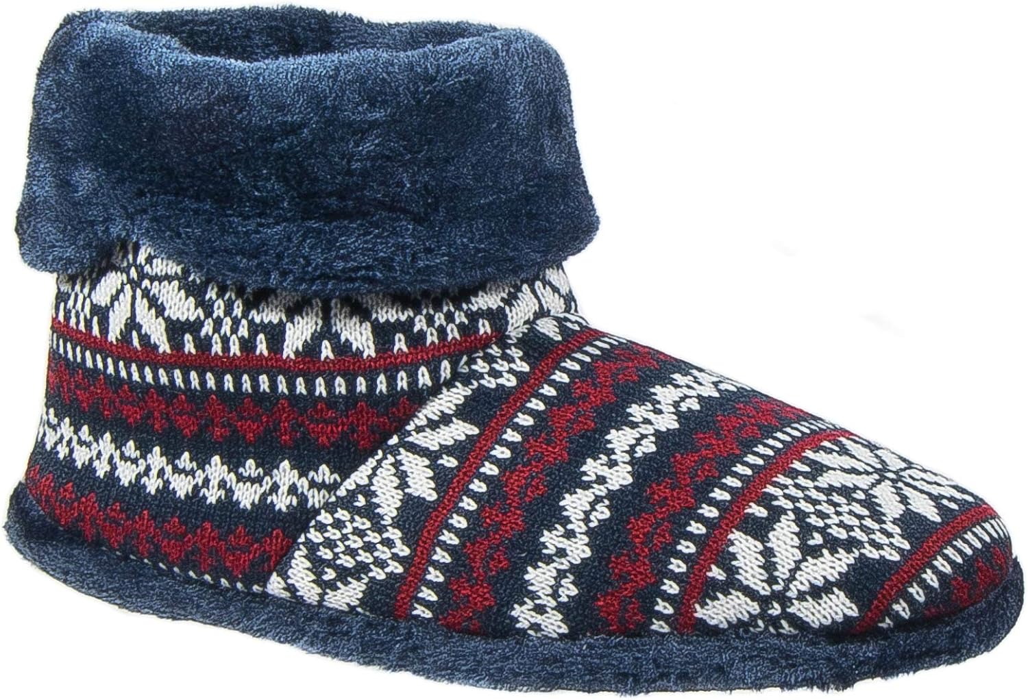 Coolers Premier. Mens Boot Slippers Navy Blue Knitted Patterned Warm