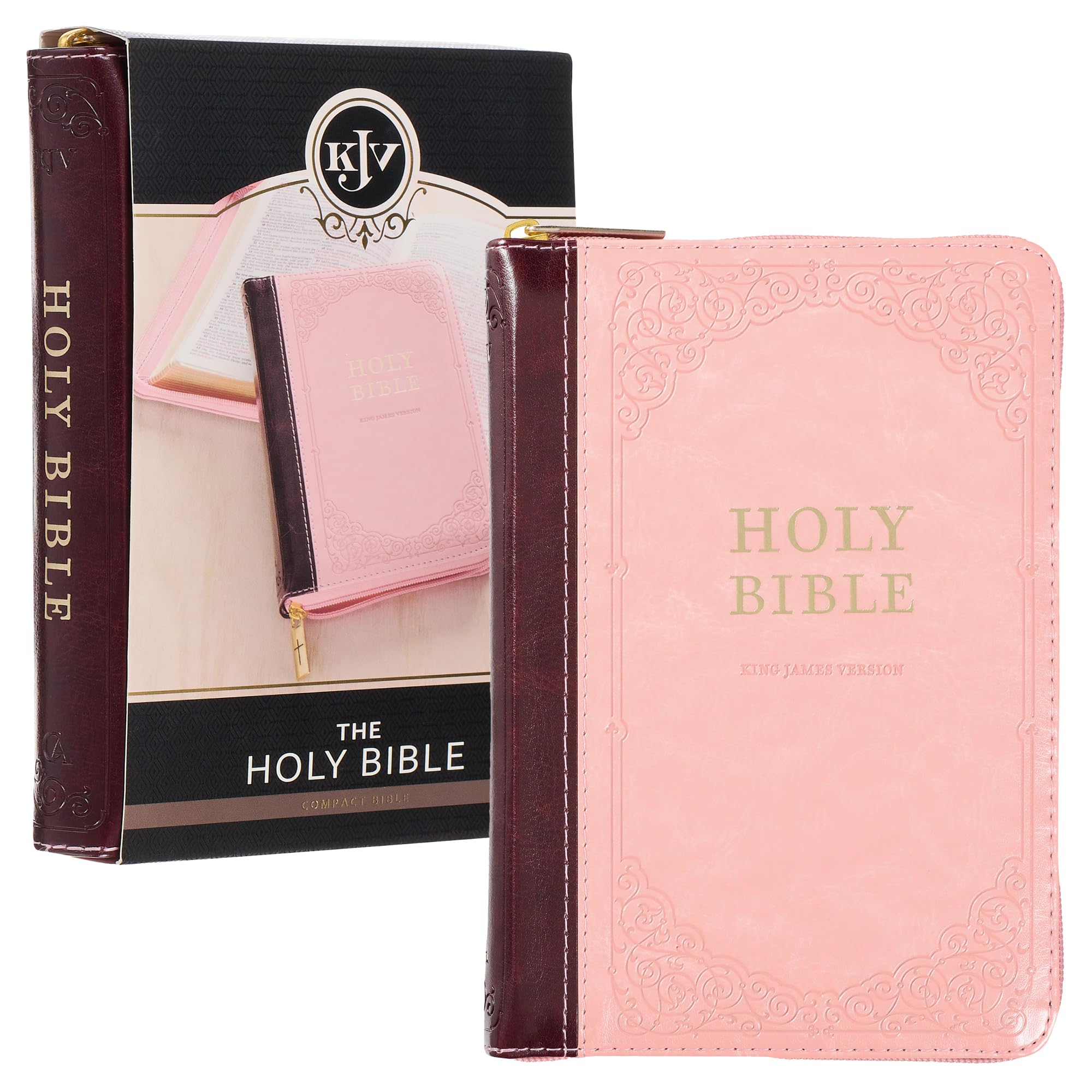 KJV Holy Bible, Compact Faux Leather Red Letter Edition - Ribbon Marker, King James Version, Pink/Burgundy, Zipper Closure (KJV Compact Editions) KJV Holy Bible, Compact Faux Leather Red Letter Edition - Ribbon Marker, King James Version, Pink/Burgundy, Zipper Closure (KJV Compact Editions) Imitation Leather