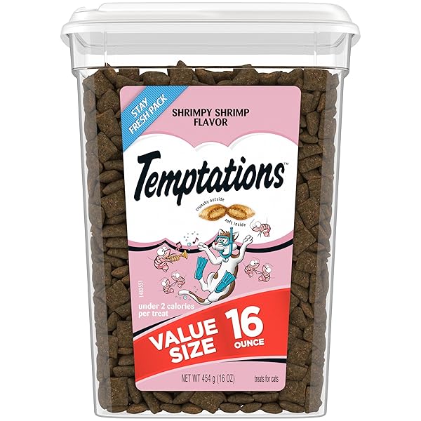 TEMPTATIONS CLASSIC CRUNCHY AND SOFT CAT TREATS SHRIMPY SHRIMP FLAVOR, 16 OZ. TUB