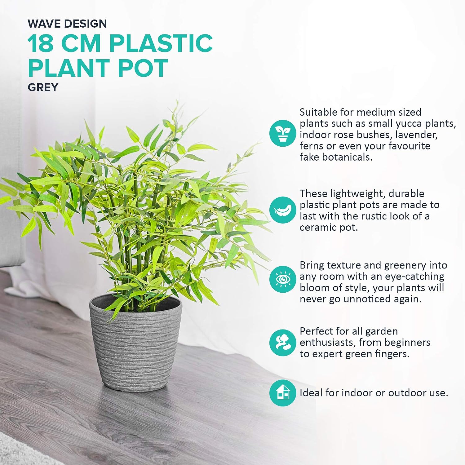 LIVIVO Flower and Plant Pot with Wave Design and Drainage Hole for Indoor or Outdoor Use Hard Wearing Durable 18cm Diameter Plastic with Wave Design (Set of 2 - Image 3