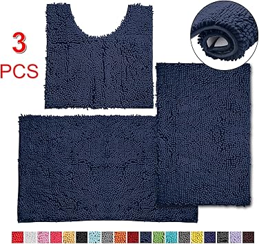 Amazon De 3 Teiliges Badezimmerteppich Set Rutschfeste Chenille Badteppich Super Saugfahig Luxurios Zottelig Perfekter Plusch Teppich Fur Badewanne Dusche Badezimmer Maschinenwaschbar Blau