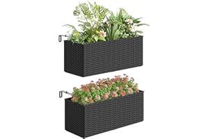 Outsunny 2 Pack Railing Planter Box, 20 Inch Hanging Flower Pots with Hooks and Drainage Hole, Rectangular Planters for Fence