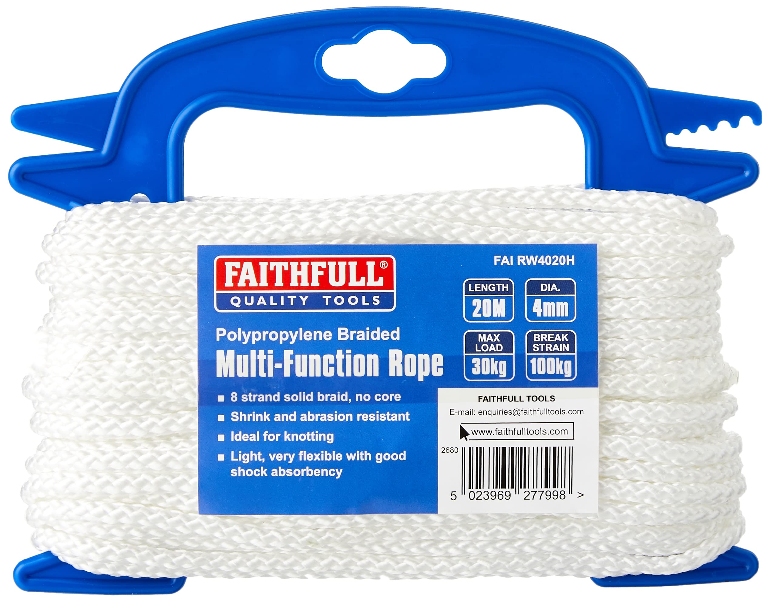 Faithfull FAIRW4020H White Braided Poly Rope 4mm Dia x 20M 30kg Max Load, Breaking Strain 100kg