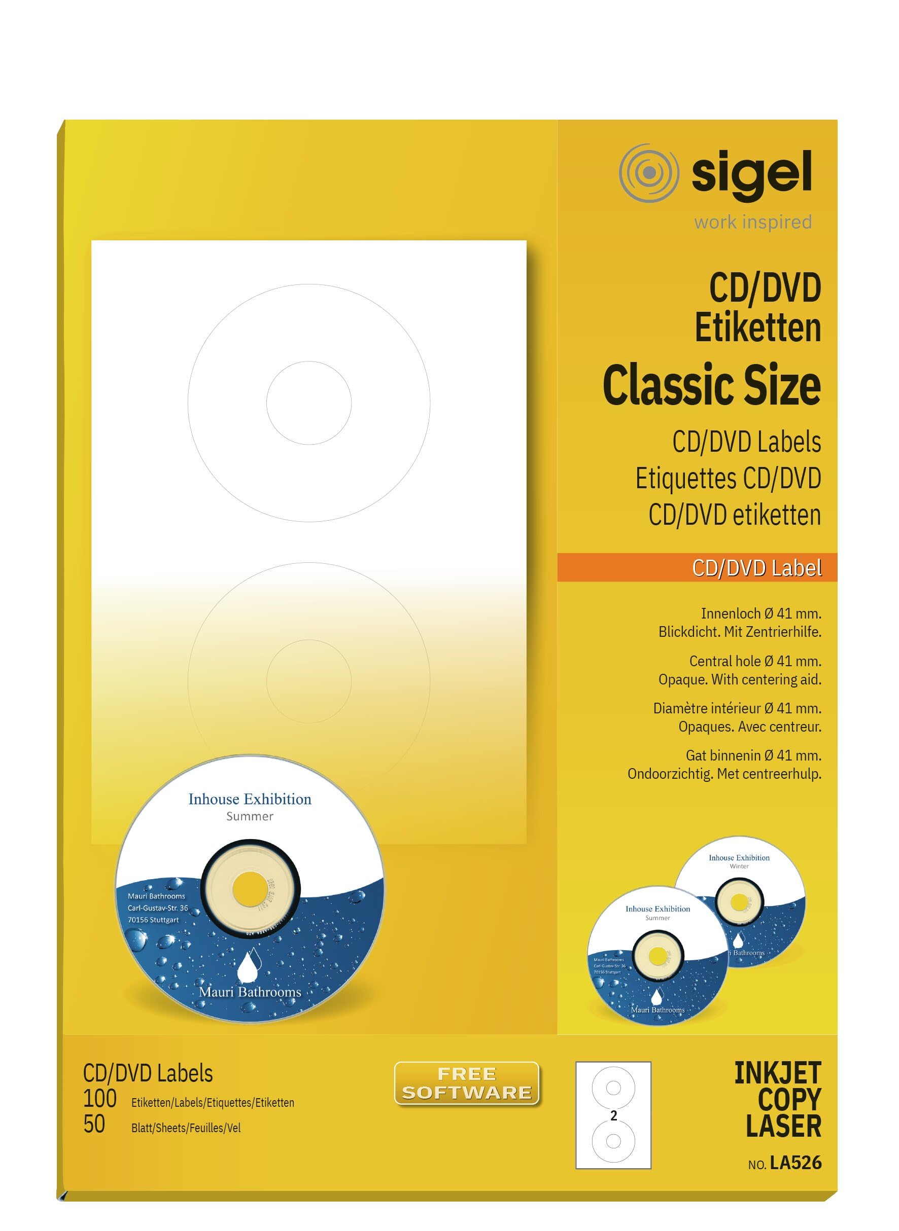 SIGEL LA526 Universal CD/DVD Labels with centering aid, Ø 11.7 cm (center Ø 4.1 cm), 100 lbl equal to 25 sheets, White