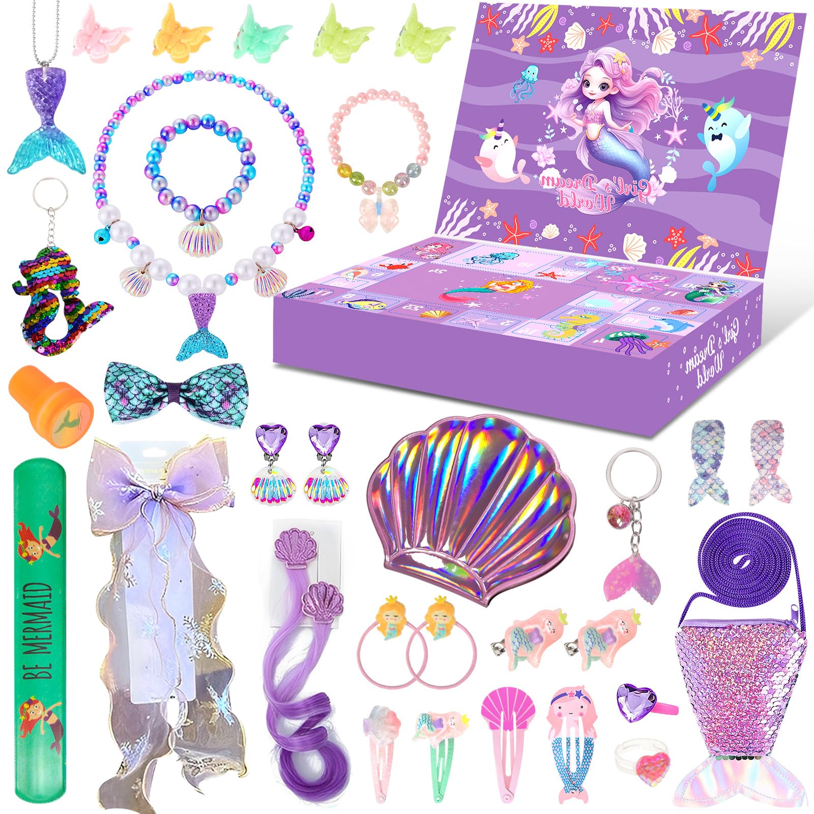 Advent Calendar 2025 Girls, Mermaids Christmas Gifts, 24 Days Surprise Xmas Mermaid Gift Box, Jewelry Hair Accessories Advent Calendar Christmas Countdown for Kids Ages 3 4 5 6 Xmas Presents Toys