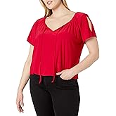 Star Vixen Womens Plus-Size Short/Slit Sleeve Keyhole-tie Peasant Top Bubble Hem