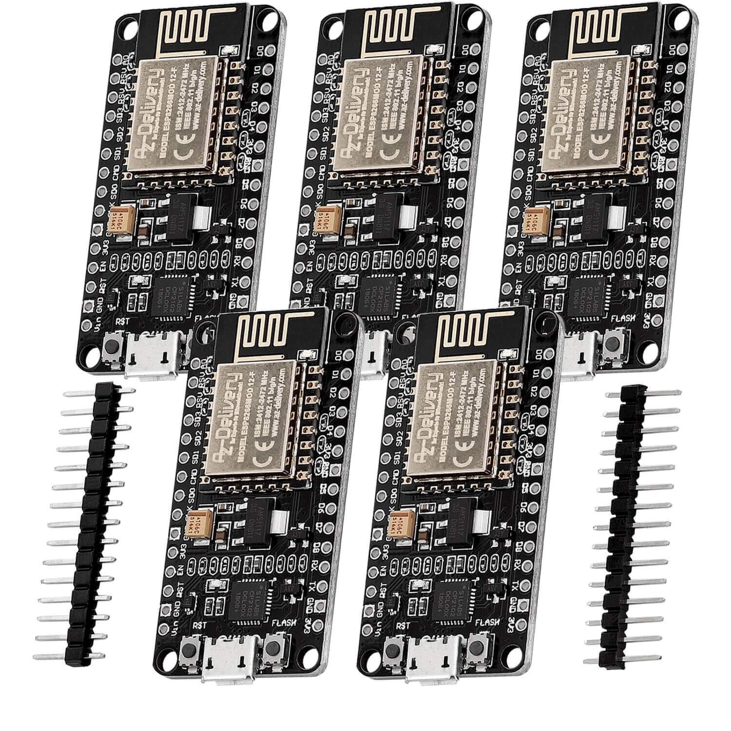 AZDelivery NodeMCU V2 WiFi Amica ESP8266 ESP-12F I2C Development Board CP2102 3.3V IoT Open Source Serial Wireless Module PWM IIC Unsoldered Compatible with Arduino Including E-Book! (Pack of 5)
