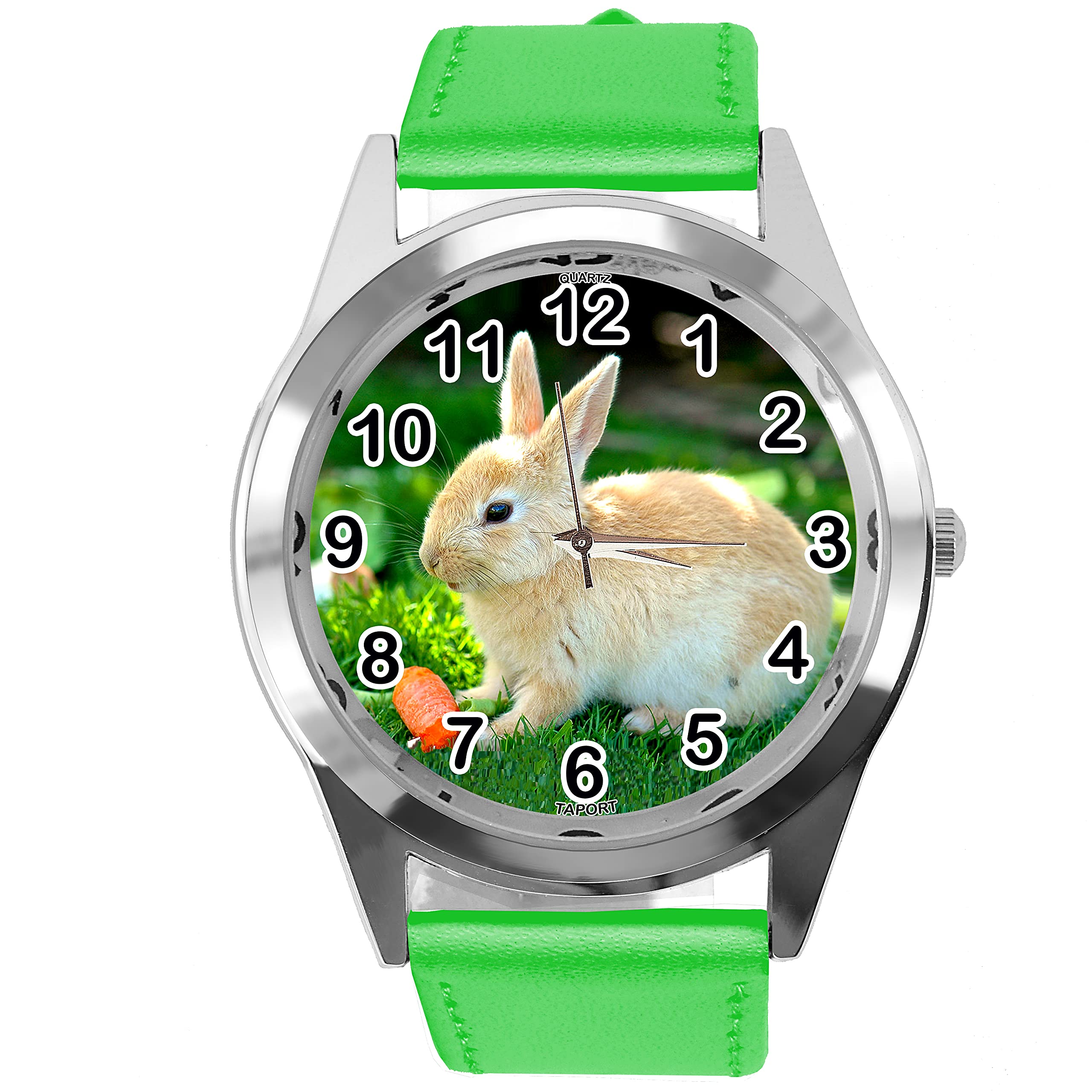 TAPORT Green Leather Round Quartz Watch for Rabbits Fans e2