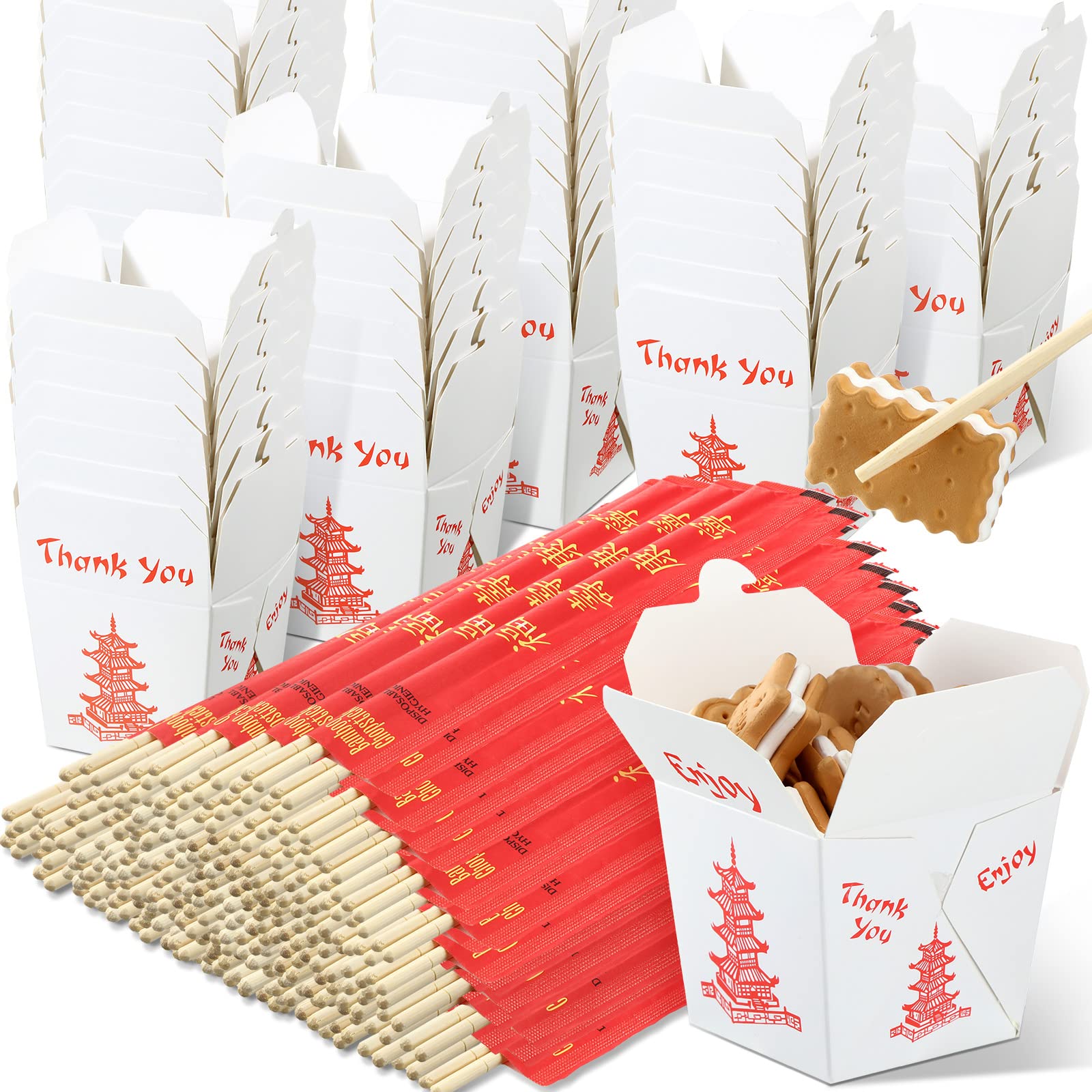 Photo 1 of 100 Sets 8 oz Chinese Take out Boxes with Chopsticks, Pagoda Paper Food Containers with Sleeved and Separated Disposable Chopsticks for Asian Party Decorations Favor Birthday Wedding Restaurant