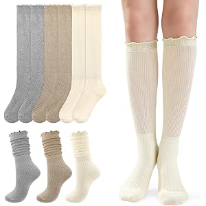 soxitoevy 3 Pairs Women Ruffle Slouch Socks Knee High Boot Socks | Cute Frilly Stockings, Elastic Knit Rib Cuff, Soft Comfort