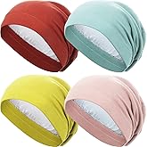 4 Pieces Satin Lined Sleep Cap Slouchy Beanie Hat Night Hair Cap for Women (Green, Rust Red, Yellow, Pink)