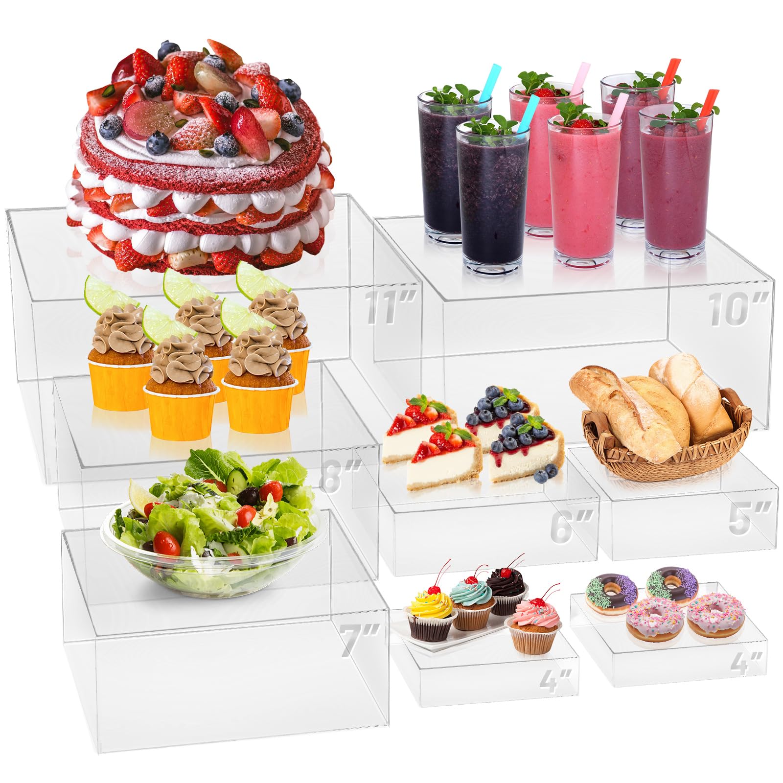 Photo 1 of 8 Pcs Buffet Food Risers, Large Acrylic Dessert Cupcake Table Stands Fruit Display Shelf Catering Supply Party Jewelry Show Decor Risers Cube Box Nesting Transparent ?11",10", 8", 7",6",5",4", 4")