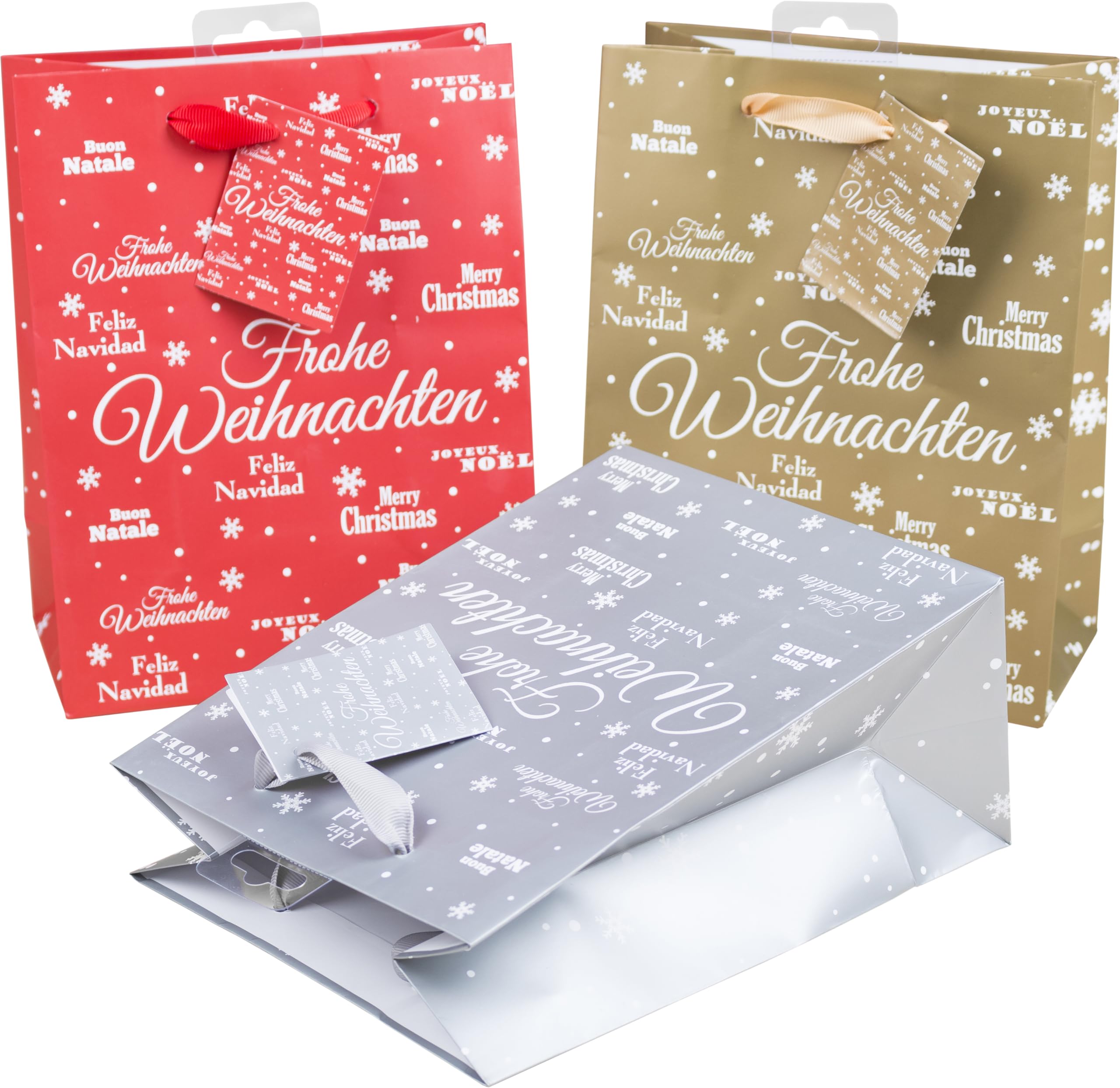 N Paper Gift Bags with Glitter, Merry X-Mas, 3 Colours (Red, Silver, Gold), 25 Stück