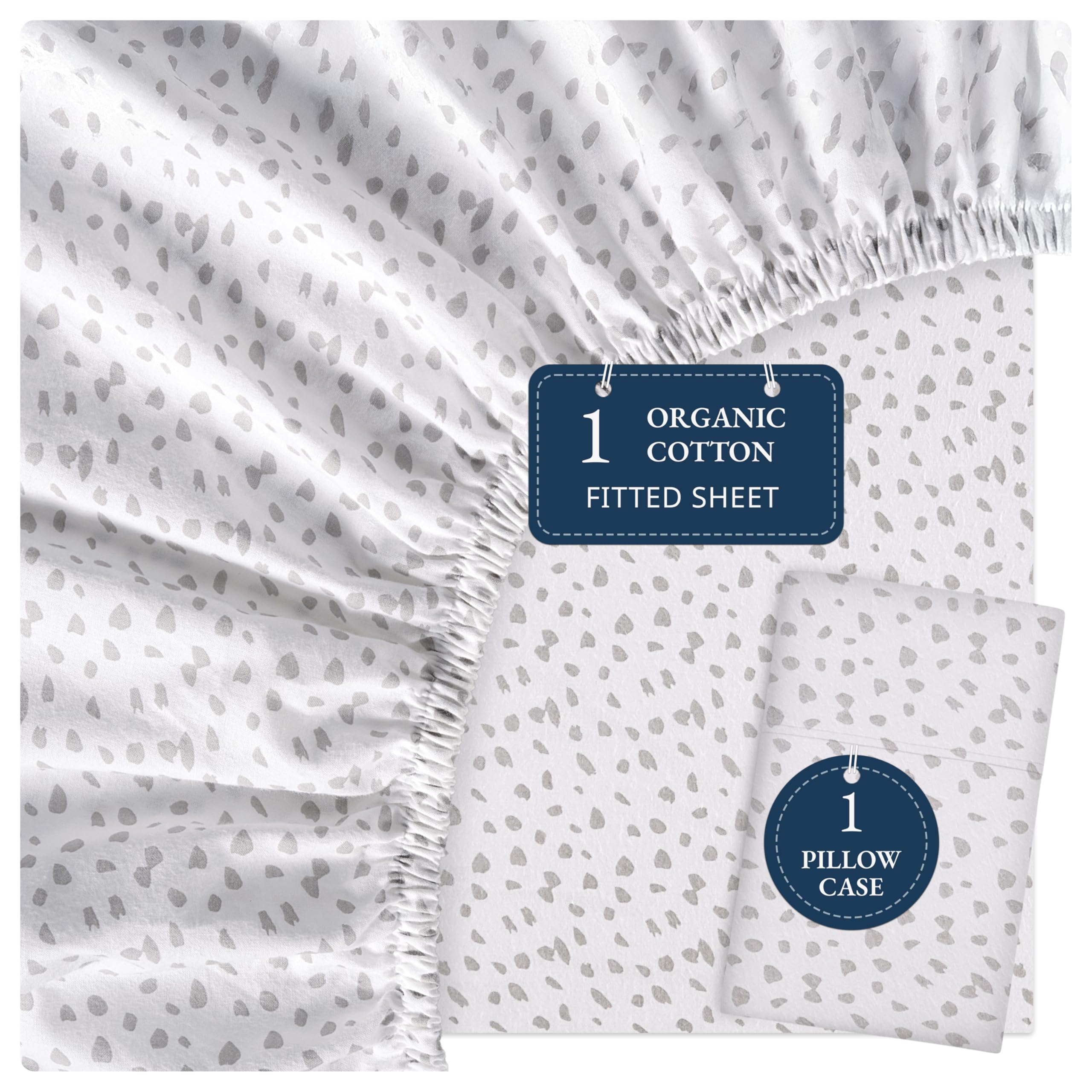 LANE LINEN 100% Organic Cotton Twin Fitted Sheet & Pillowcase Set, Percale Weave, Lightweight, Breathable, Fits Mattress Up To 15" Deep - White (Grey Dot) (No Flat Sheet)