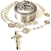 elegantmedical Handmade Silver Rose Beads St. Benedict Rosary gift Catholic Necklace Cross Crucifix Jerusalem