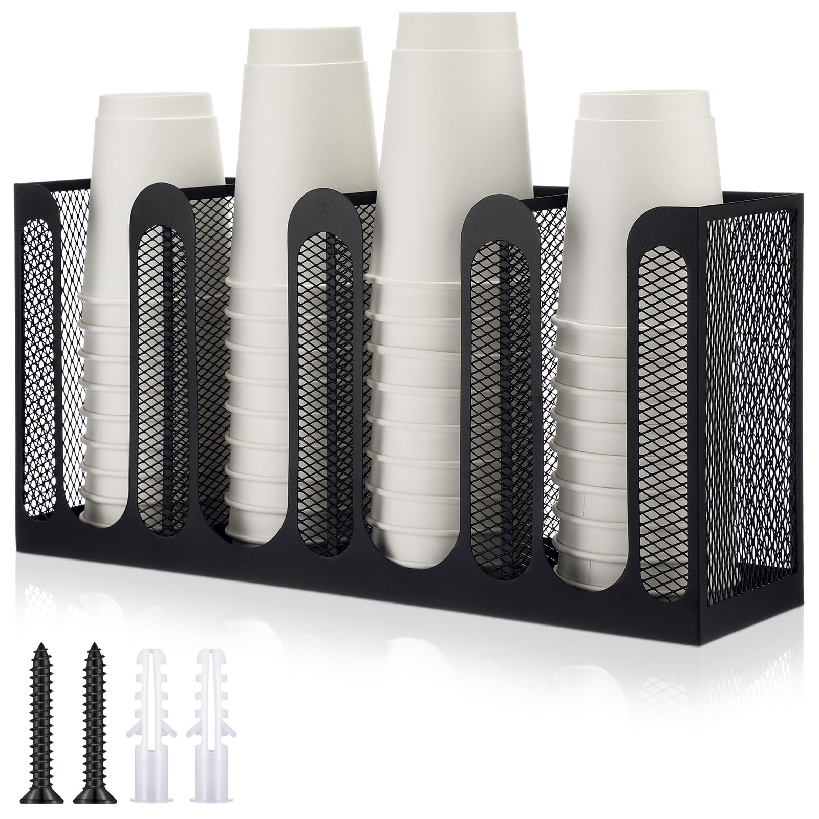 Photo 1 of Maxcheck Metal Mesh Cup and Lid Holder Coffee Paper Cup Dispenser Lid Holder Storage Organizer Countertop or Wall Mount for Coffee Bar, Kitchen, Breakroom (4 Compartments)