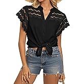 GRACE KARIN Womens Summer Eyelet Tops Dressy Casual,Ruffle Short Sleeve Button Down Shirts,V Neck Embroidered Cotton Blouses