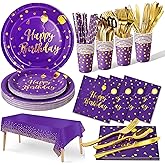 Nkaiso Birthday Party Tableware, 161 Pieces Purple Gold Party Supplies, Dinnerware Sets Include Paper Plates Napkins Cups Silverware, for Shower Engagement Parties Decoration -20 Serves