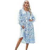 R.Vivimos Women's Long Sleeves Floral Print Retro V Neck Tassel Casual Bohemian Midi Dresses