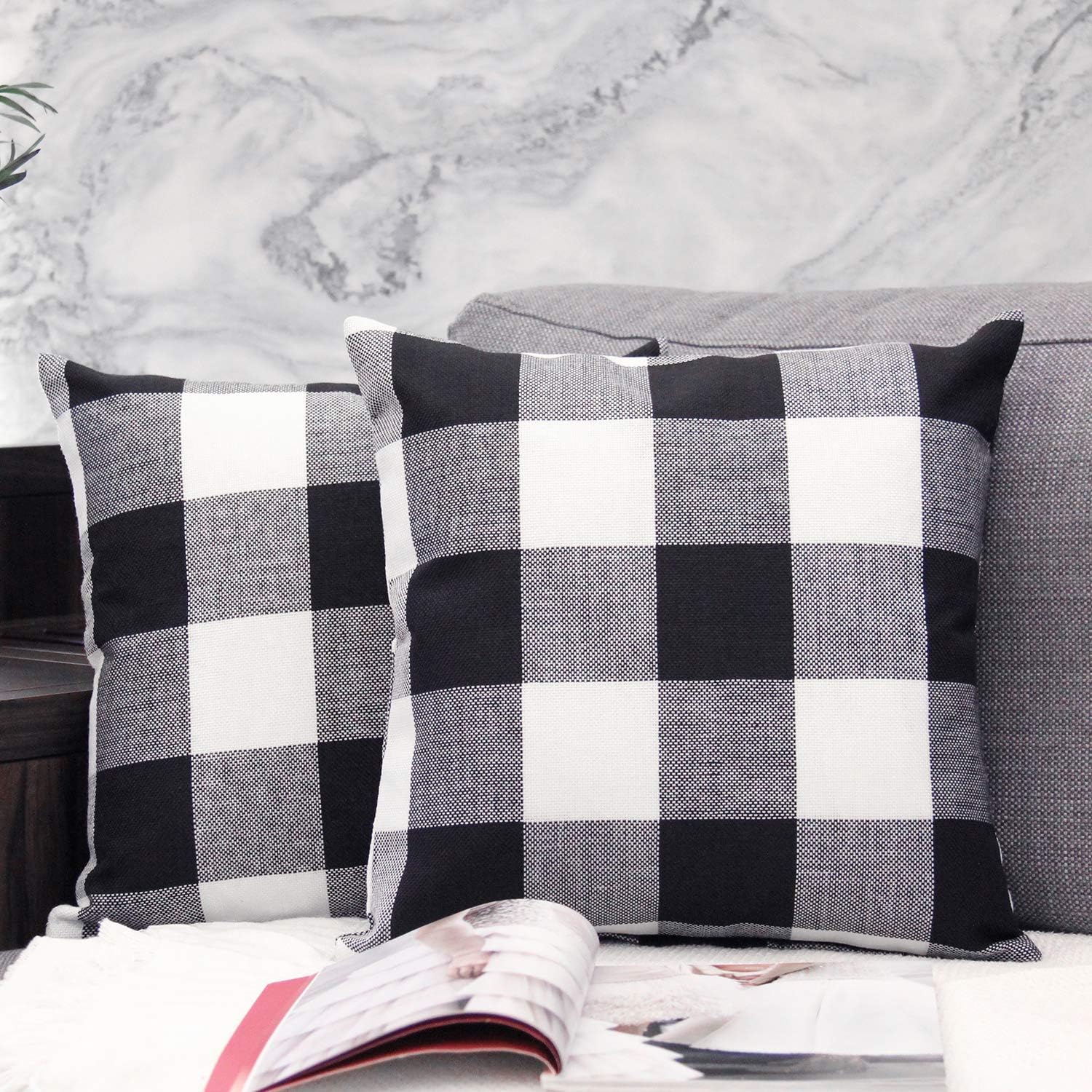 JOJUSIS Buffalo Check Plaid Throw Pillow Covers Cotton Linen Soft Solid Farmhouse Classic Decorative Square Cushion Cases for Sofa Bedroom Car 18 x 18 Inch Black Pack of 2