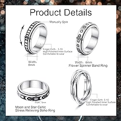 CASSIECA 4 Pcs Stainless Steel Fidget Rings for