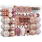 MERRYHEART 110 Pcs Rose Gold & White Christmas Ornaments Set, Assorted Christmas Balls Decor for Xmas Tree, Shatterproof Plastic Baubles Hanging Decorations for Holiday/Party/Wedding