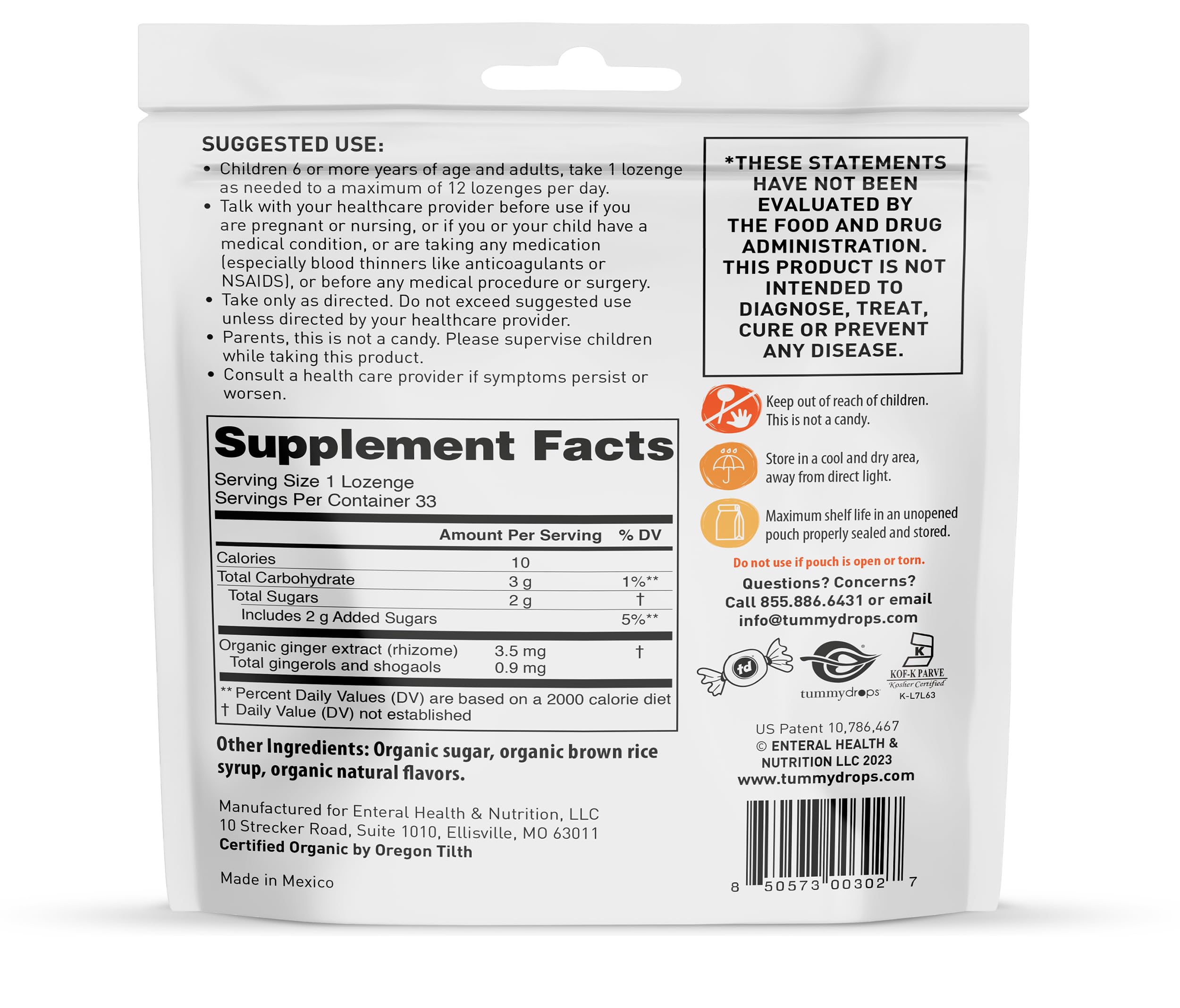 USDA Organic Natural Ginger Tummydrops, Gluten Free & Vegan, 33 Individually Wrapped Drops in a Resealable Bag