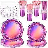 NatNarr 200 Pcs Pink Plates and Napkins Party Supplies, 25 Guest Scalloped Iridescent Pink Plates Napkins Cups Set Holographic Pink Party Decorations for Birthday, Mermaid, Disco Party