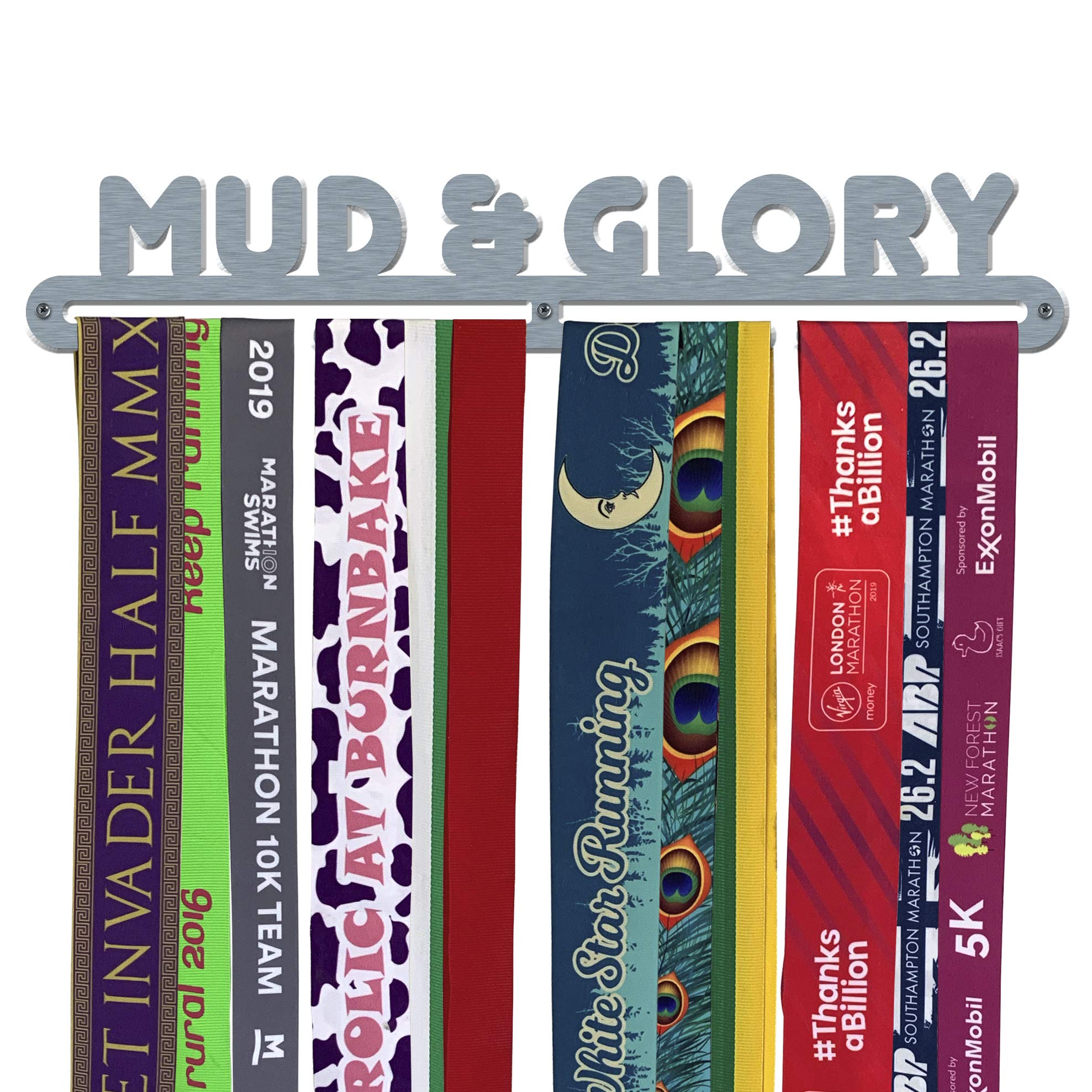 The Medal Hanger Shop | Medal Hanger Display | MUD and Glory | Brushed Stainless Steel | Wall Mounted Running Medal Ribbon Holder | Made in Britain