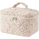 uekeboag Large Travel Quilted Makeup Bag for Women, Floral Cotton Cosmetic Bag, Coquette Aesthetic Floral Toiletry Organizer Bag