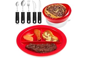 Maxcheck 7 Pcs Spill Proof Scoop Bowl and Partitioned Plate Set with Suction Base and Adaptive Utensils Set Non Slip Weighted Angled Silverware Adaptive Self Feeding Dinnerware for Elderly Disabled
