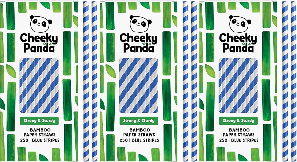 The Cheeky Panda Bamboo Paper Straws 250 Pack with Blue Stripes