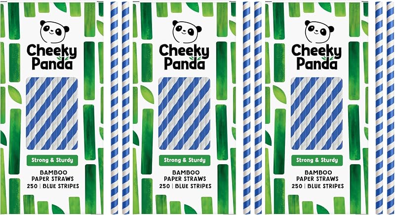 The Cheeky Panda Bamboo Paper Straws 250 Pack with Blue Stripes