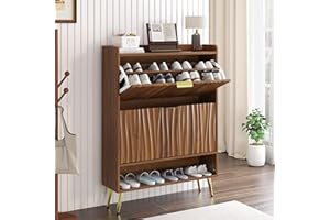 Dorivibe Walnut Shoe Storage Cabinet with 2 Flip Drawers, 31.5"(W) Freestanding Shoe Organizer with Water Ripple Doors, Narro
