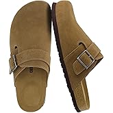 CUSHIONAIRE Hugo Genuine Leather Suede Clogs for Men – Comfortable Slip On Shoes with Adjustable Buckle, Closed Toe Mens Slides