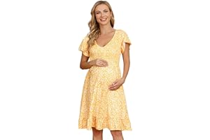 Coolmee Women's Maternity Short Sleeve Ruffle Dress V Neck Summer Casual Smocked Flowy Midi Dress for Baby Shower Photoshoot