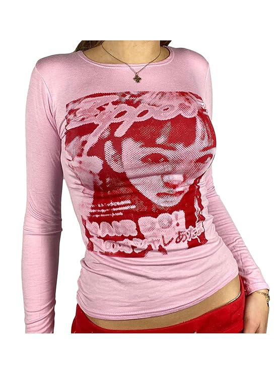 Buy Women Face Portrait Top Y2k Graphic Long Sleeves Crop Top Vintage E