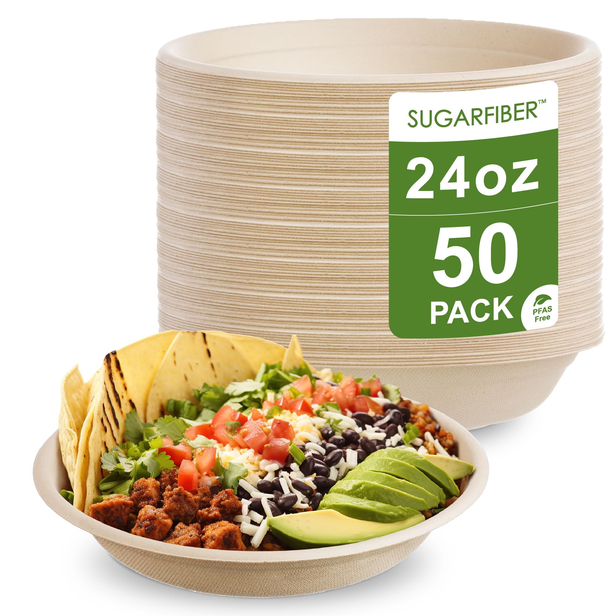 Photo 1 of [50 COUNT]Harvest Pack PFAS FREE 24oz Compostable Bowls, Round Paper Bowls Heavy-Duty Eco-Friendly Disposable Bagasse Bowl, sugarcane made plant fibers for Meal Prep