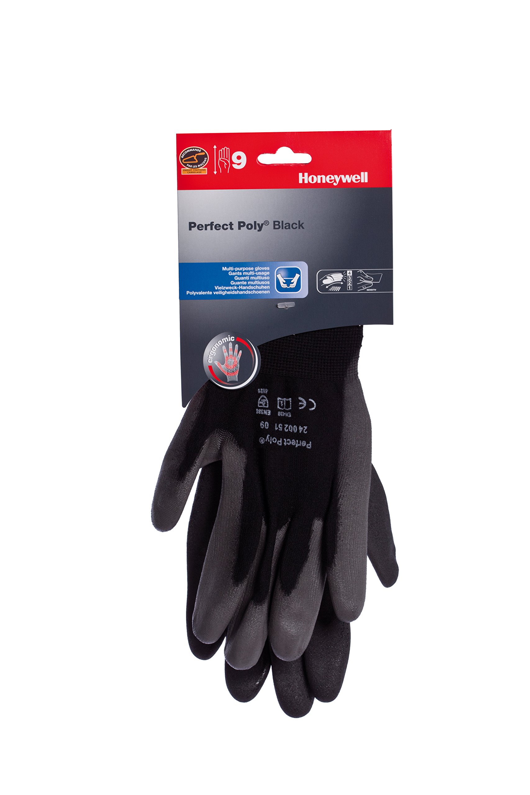 Honeywell 2400251-09 Perfect Poly Black Polyamide Knitted Gloves for General Handling, Grey Polyurethane Coating on Palm and Fingertips, 25 cm Length, Size 9 (Pack of 10 pairs)