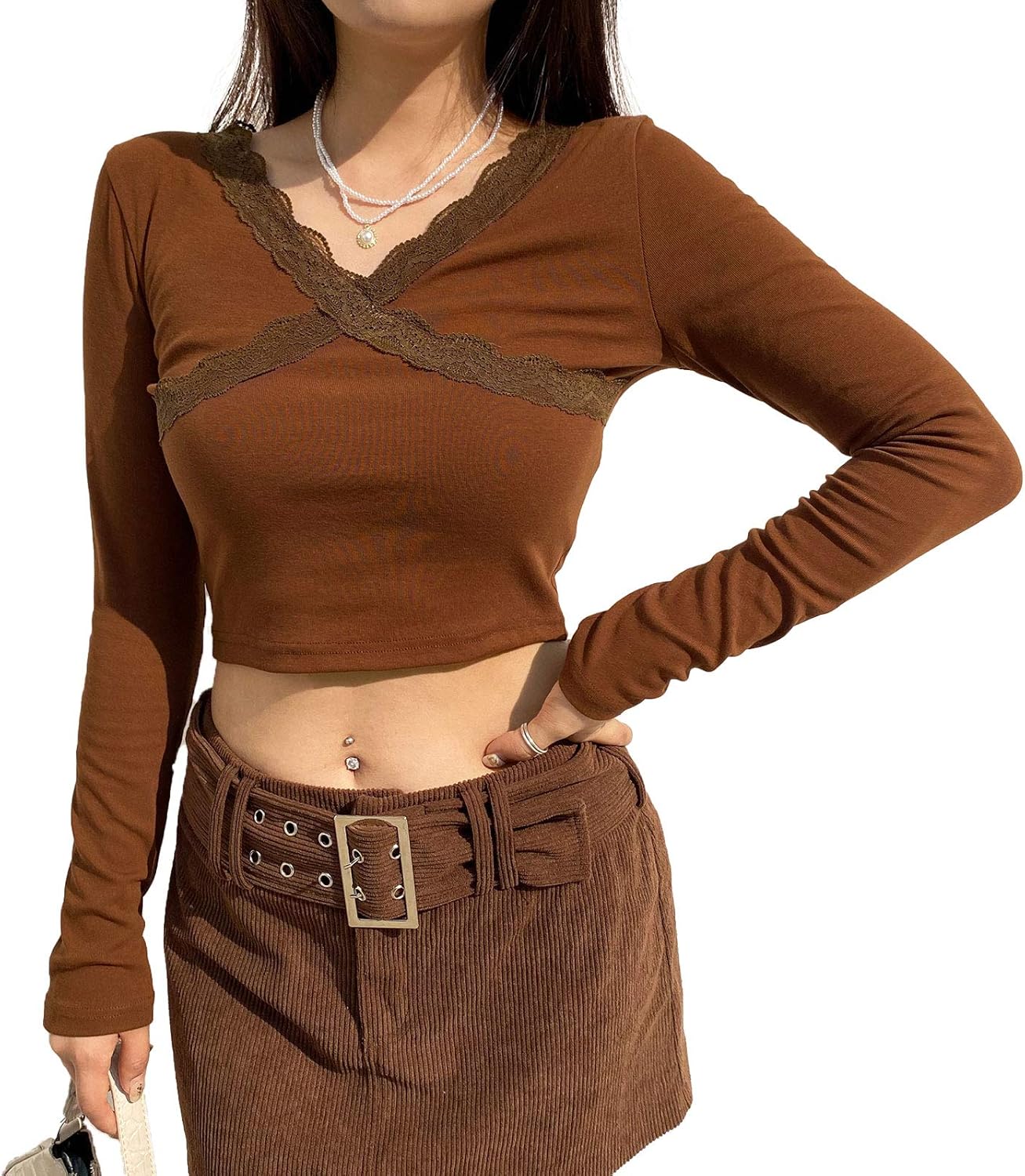 Womens Long Sleeve Lace Shirts Color Block Patchwork Crop Tops Crewneck