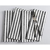 Solino Home Linen Napkins Set of 4-100% Pure Linen Amalfi Stripe Black and White Cloth Dinner Napkins 20 x 20 Inch for Spring, Mothers Day - Handcrafted and Machine Washable