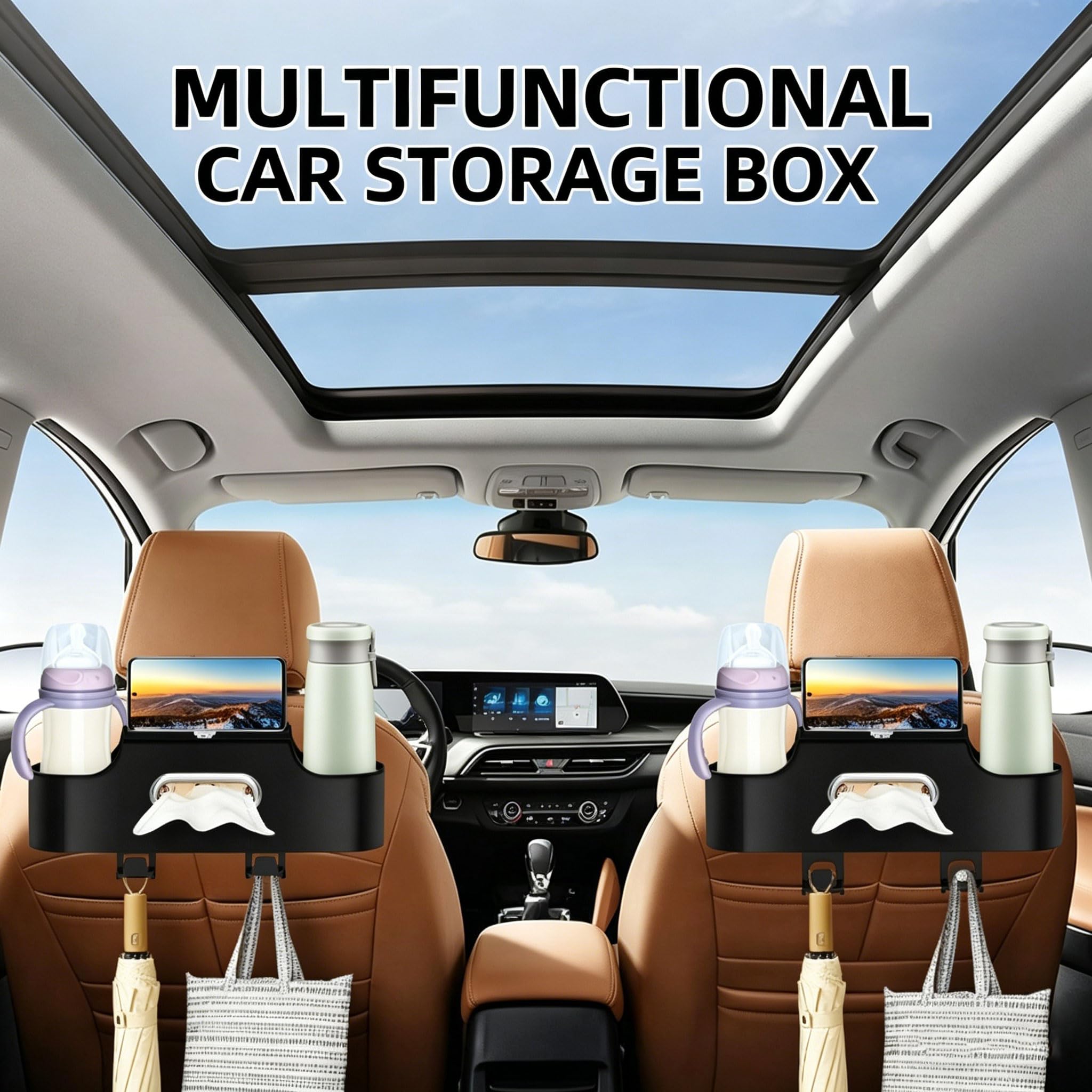 Condition photo showing As Is for 4-in-1 back seat car organizer, adjustable hooks, universal fit, with cup holder, tissue box & stora