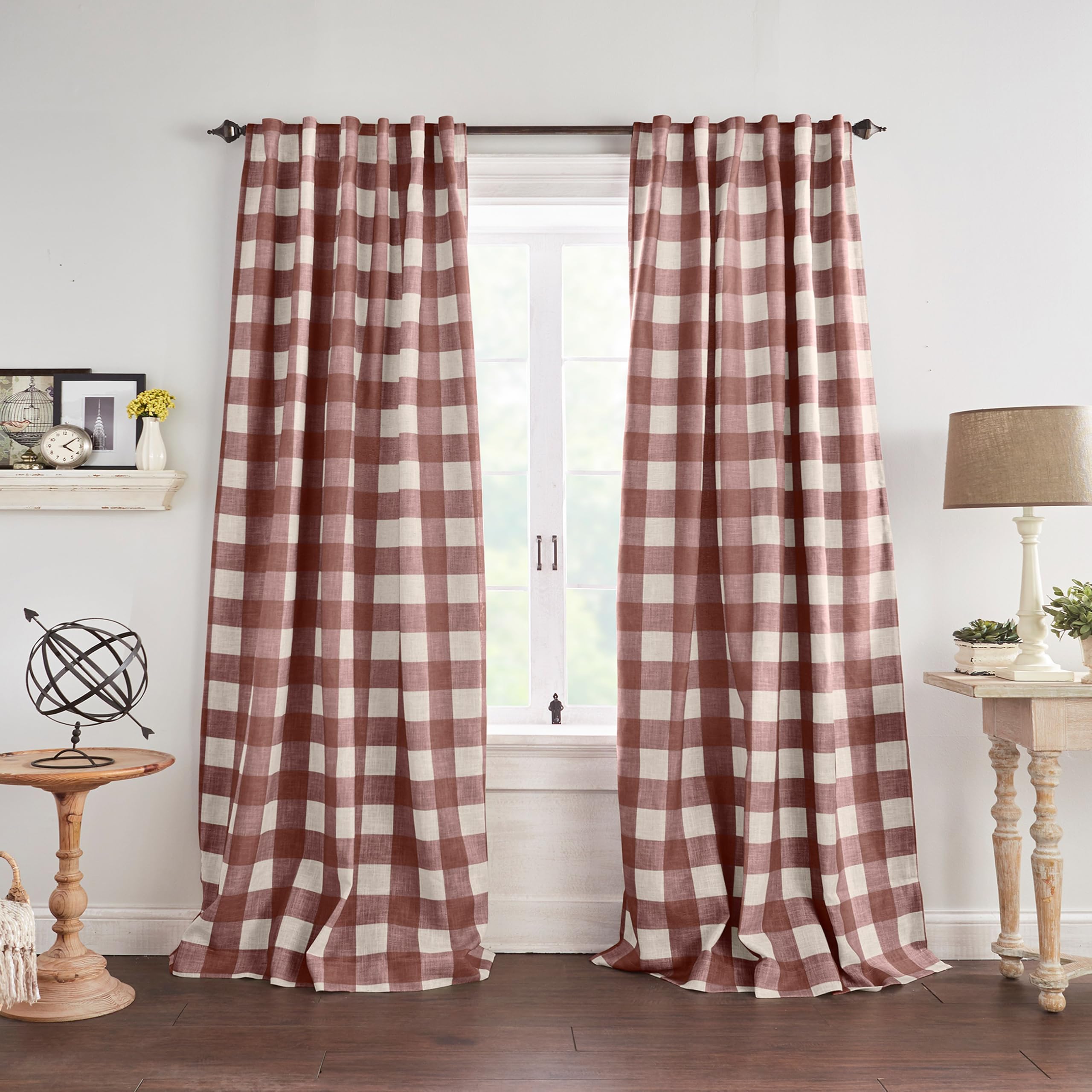 Elrene Farmhouse Living Grainger Buffalo-Check Blackout Window Curtain, Polyester,Linen, Red, 52" W x 84" L (Pack of 1)